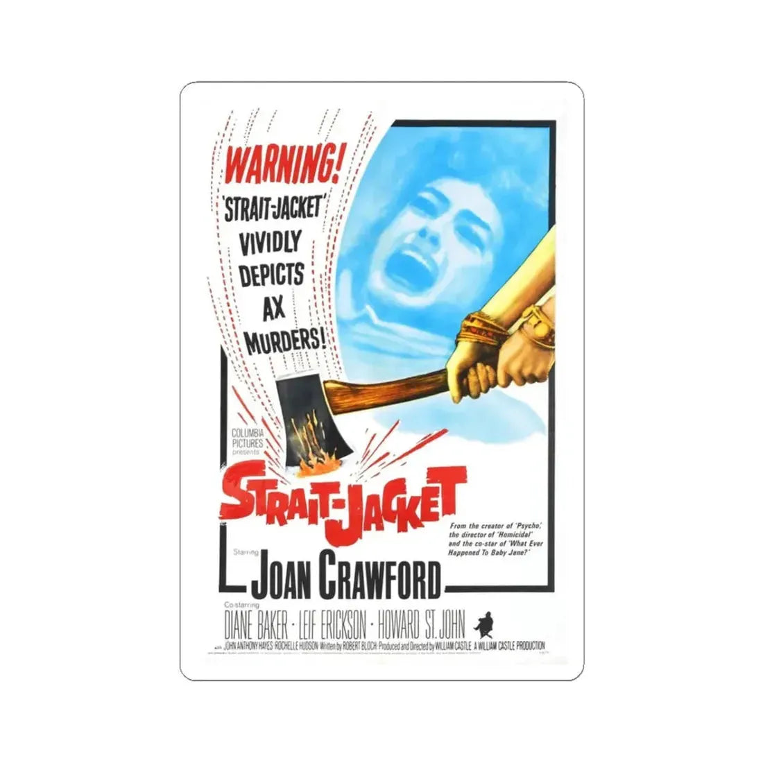 STRAIT-JACKET (2) 1964 Movie Poster - STICKER Vinyl Kiss-Cut Decal 3 Inch White - The Sticker Space