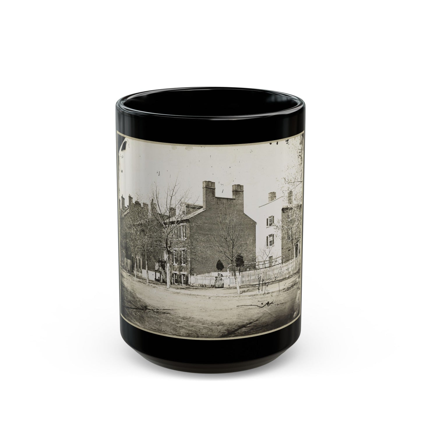 Street View Of A Row Of Houses (U.S. Civil War) Black Coffee Mug-15oz-The Sticker Space