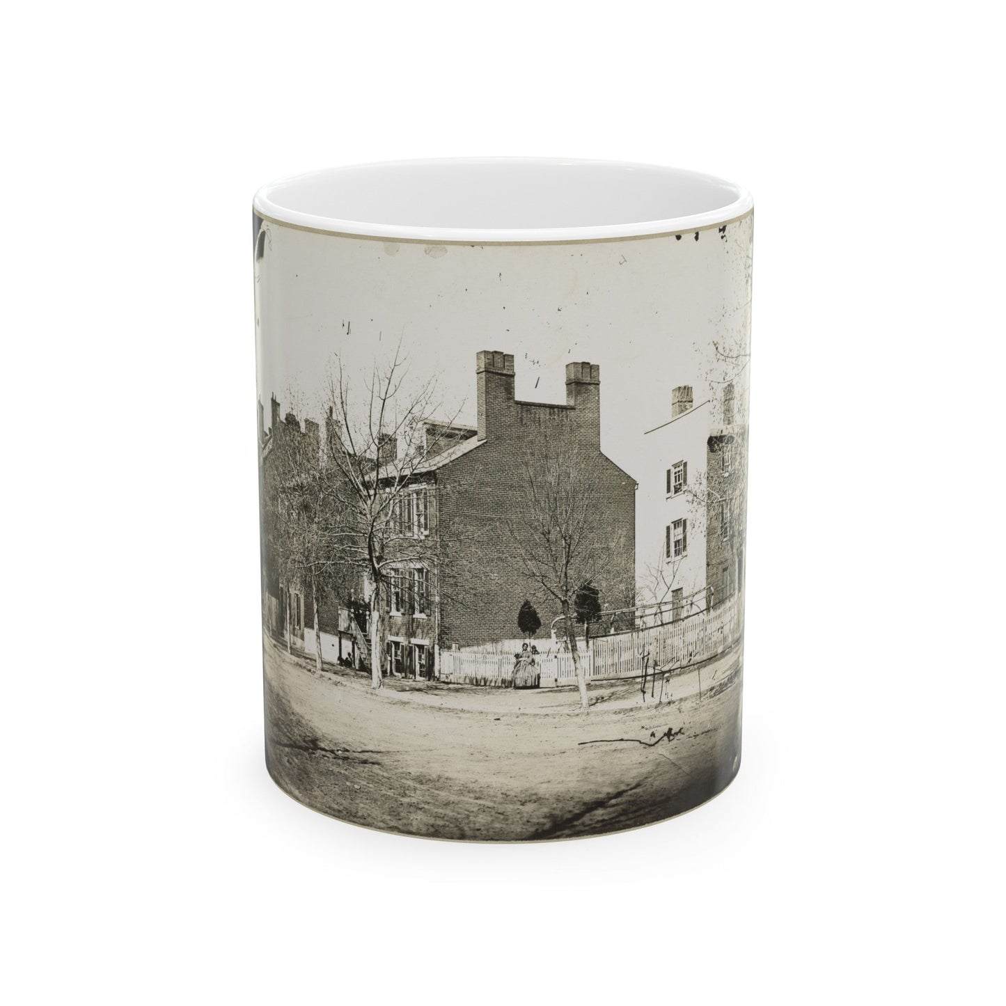 Street View Of A Row Of Houses (U.S. Civil War) White Coffee Mug-11oz-The Sticker Space