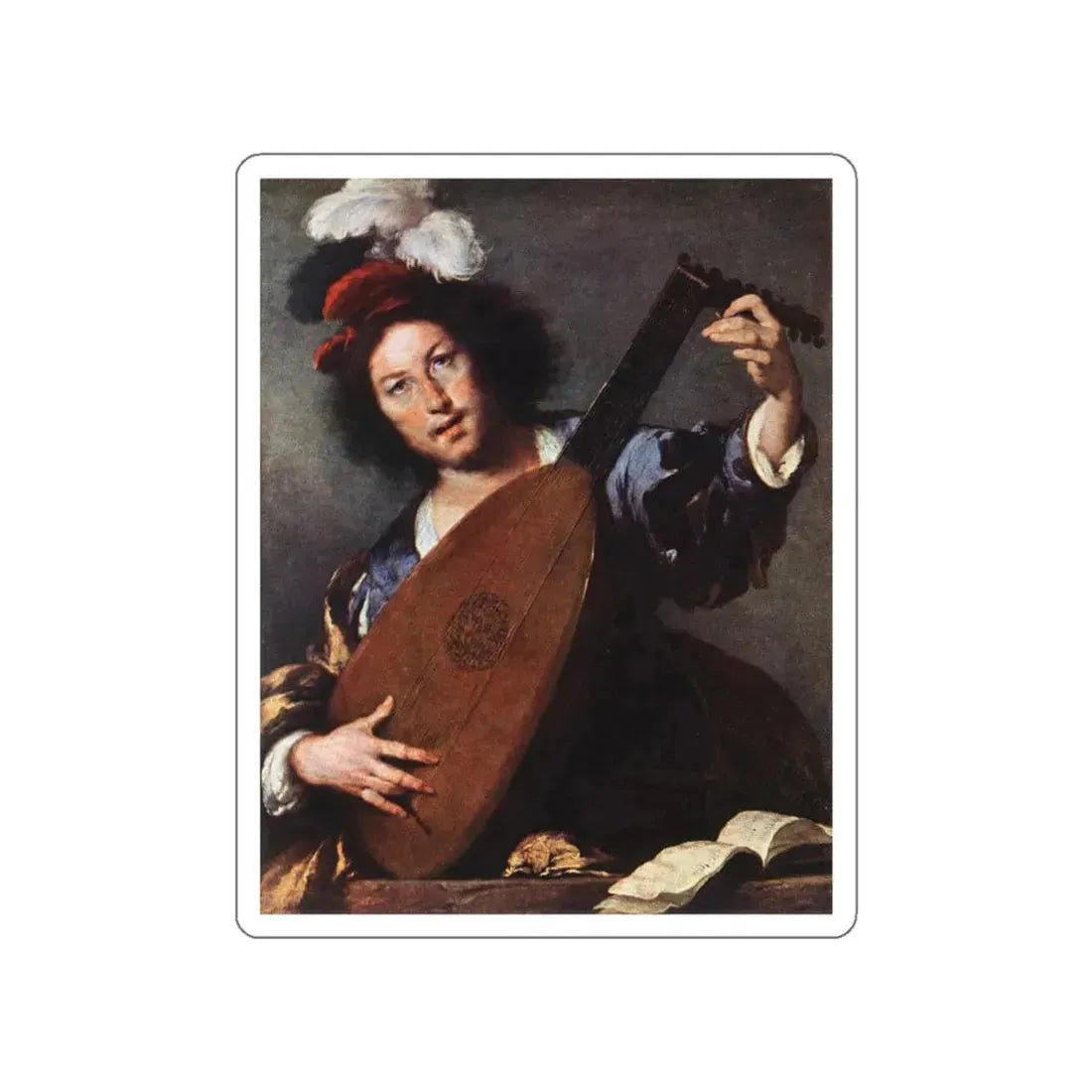 STROZZI, Bernardo - Lute Player (Artwork) STICKER Vinyl Die-Cut Decal White Die-Cut 4 Inch - The Sticker Space