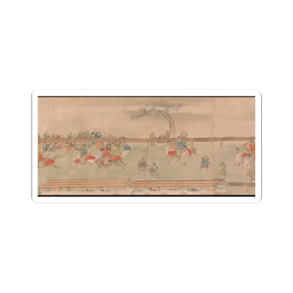 Painted scroll of horsemen in red and blue robes racing past a crowd on a wooden stand, with spearmen and a pine.