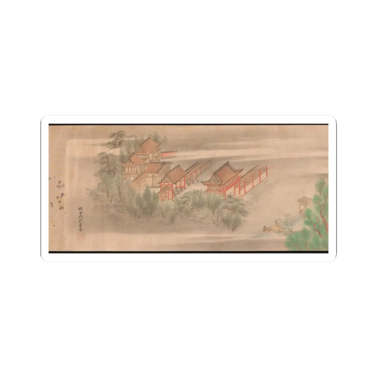 Painted scroll of a red-railed shrine complex with tiled roofs and pine trees, set in soft mist.