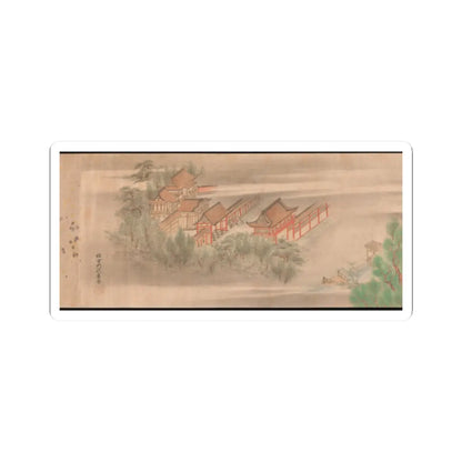Painted scroll of a red-railed shrine complex with tiled roofs and pine trees, set in soft mist.