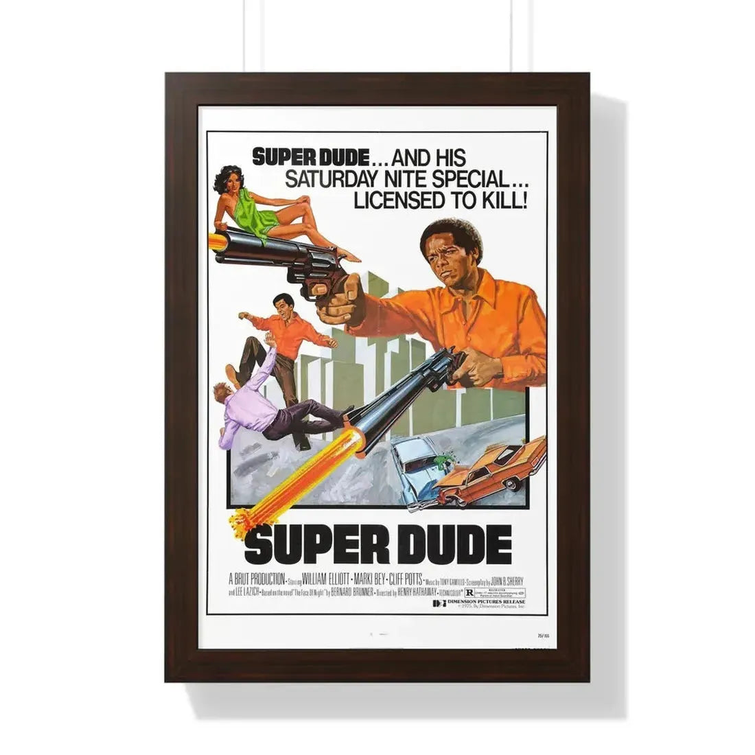 SUPER DUDE 1974 - Framed Movie Poster 16″ x 24″ Walnut - The Sticker Space