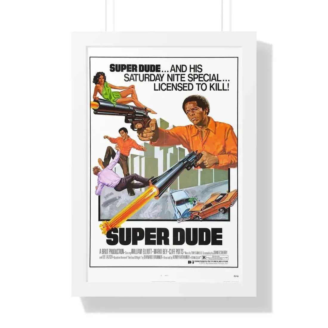 SUPER DUDE 1974 - Framed Movie Poster 16″ x 24″ White - The Sticker Space