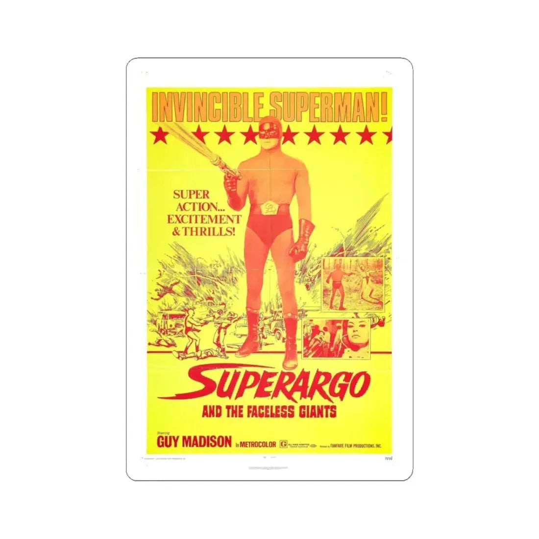SUPERARGO AND THE FACELESS GIANTS 1968 Movie Poster - STICKER Vinyl Kiss-Cut Decal 3 Inch White - The Sticker Space