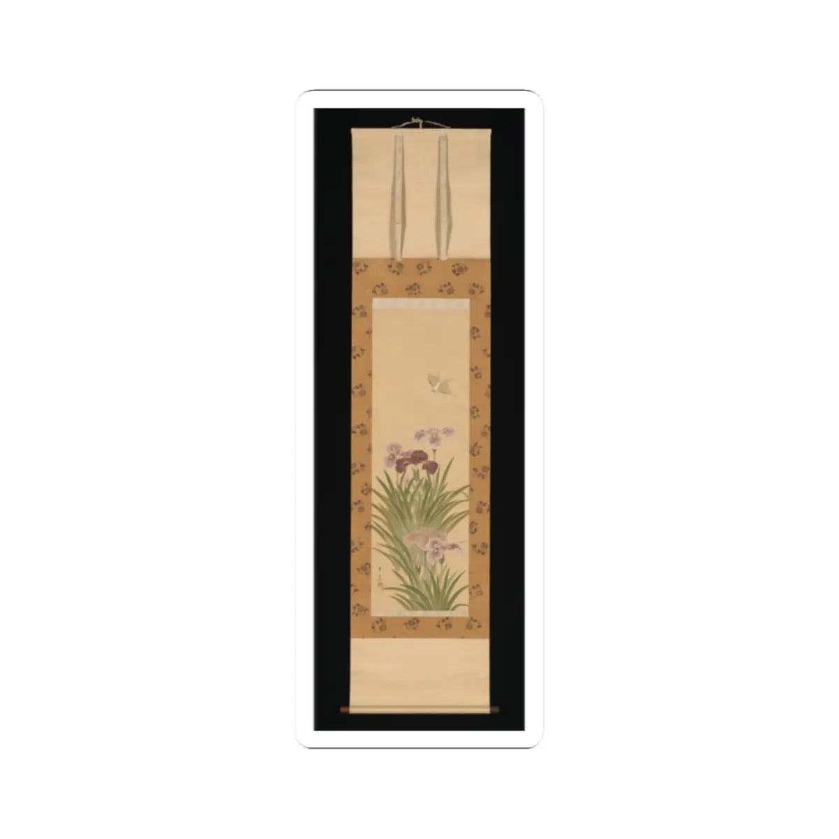 Hanging scroll of blooming purple and pink irises with green leaves and a small white butterfly on pale silk.