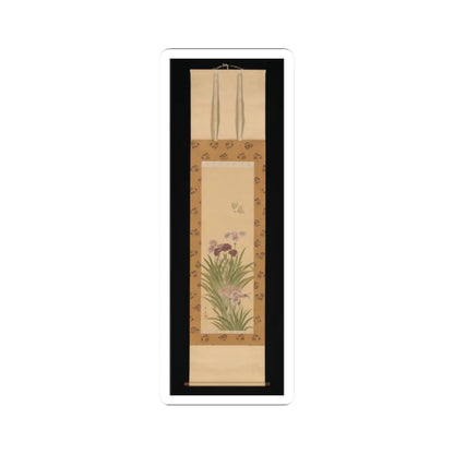 Hanging scroll of blooming purple and pink irises with green leaves and a small white butterfly on pale silk.