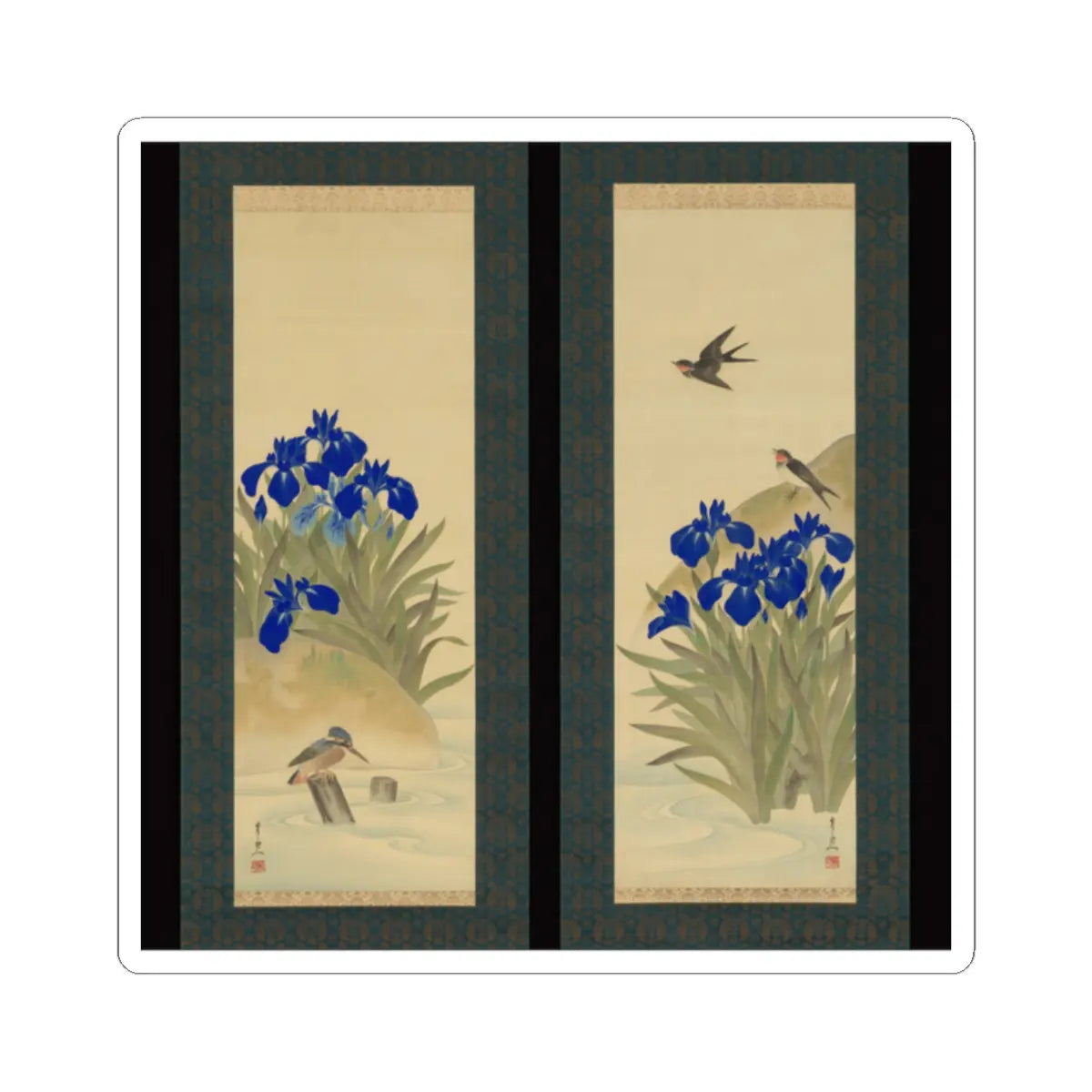 Pair of hanging scrolls with blue irises, a kingfisher on a post, and a swallow in flight above a songbird.