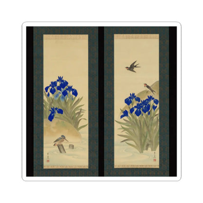 Pair of hanging scrolls with blue irises, a kingfisher on a post, and a swallow in flight above a songbird.