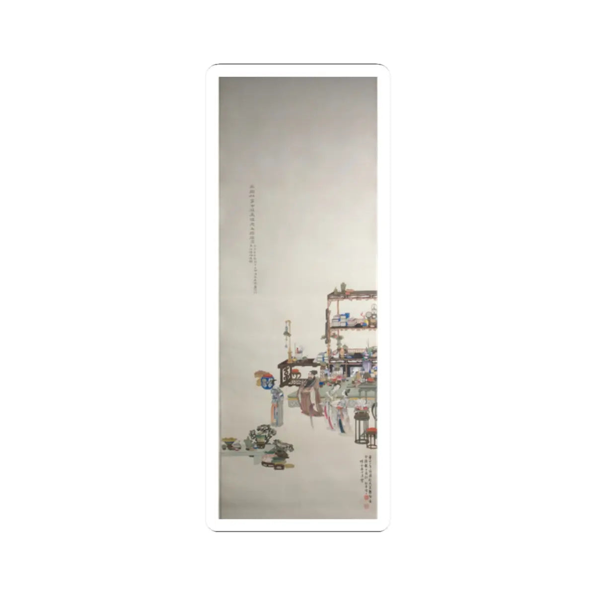 Hanging scroll of a scholar in his study among antiques, curio shelves, bonsai and attendants in long robes.