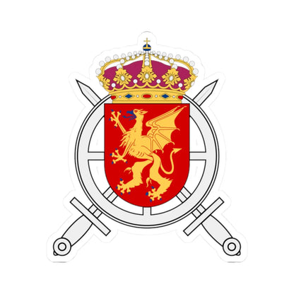 Heraldic crest with a royal crown, a gold winged dragon on a red shield, a grey wheel ring and crossed swords below.
