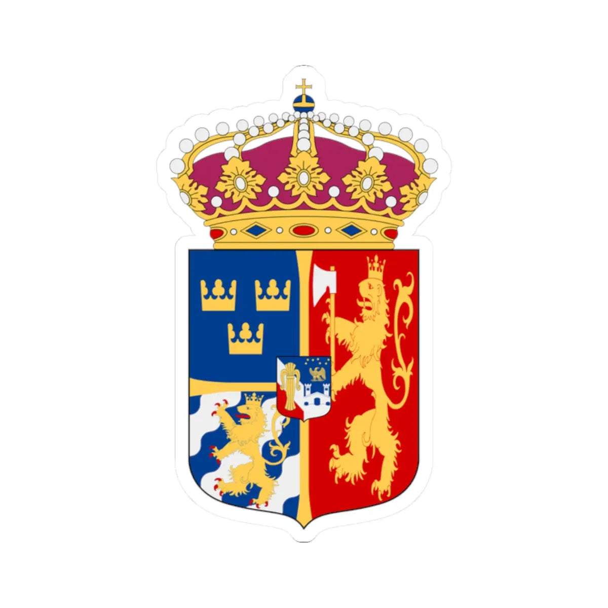 Heraldic coat of arms with a gold crown above a quartered shield of blue, red and white with gold lions and crowns.