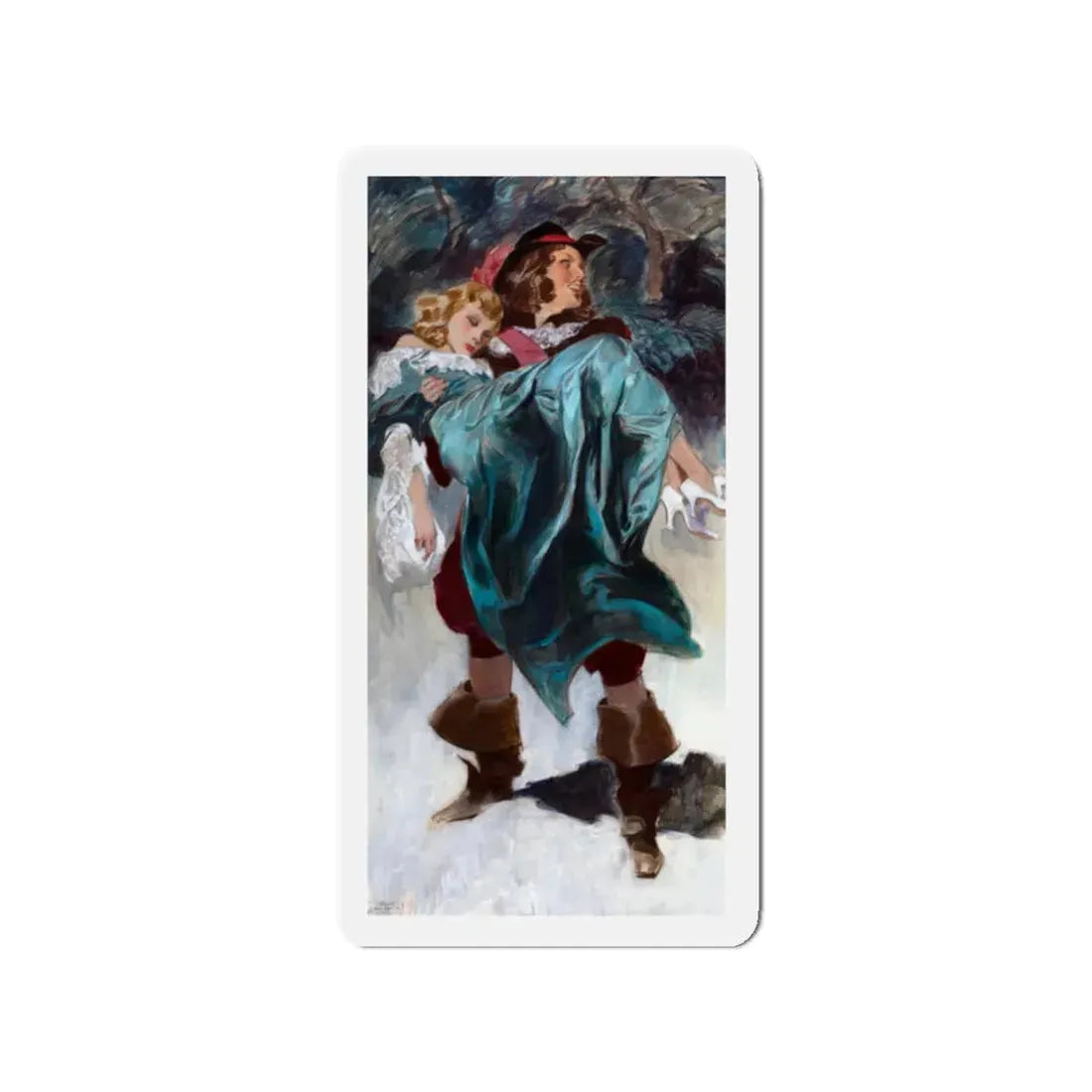 Swashbuckler Carrying Woman, The Saturday Evening Post interior illustration (Magazine Illustration) Refrigerator Magnet 2 Inch Die-Cut - The Sticker Space
