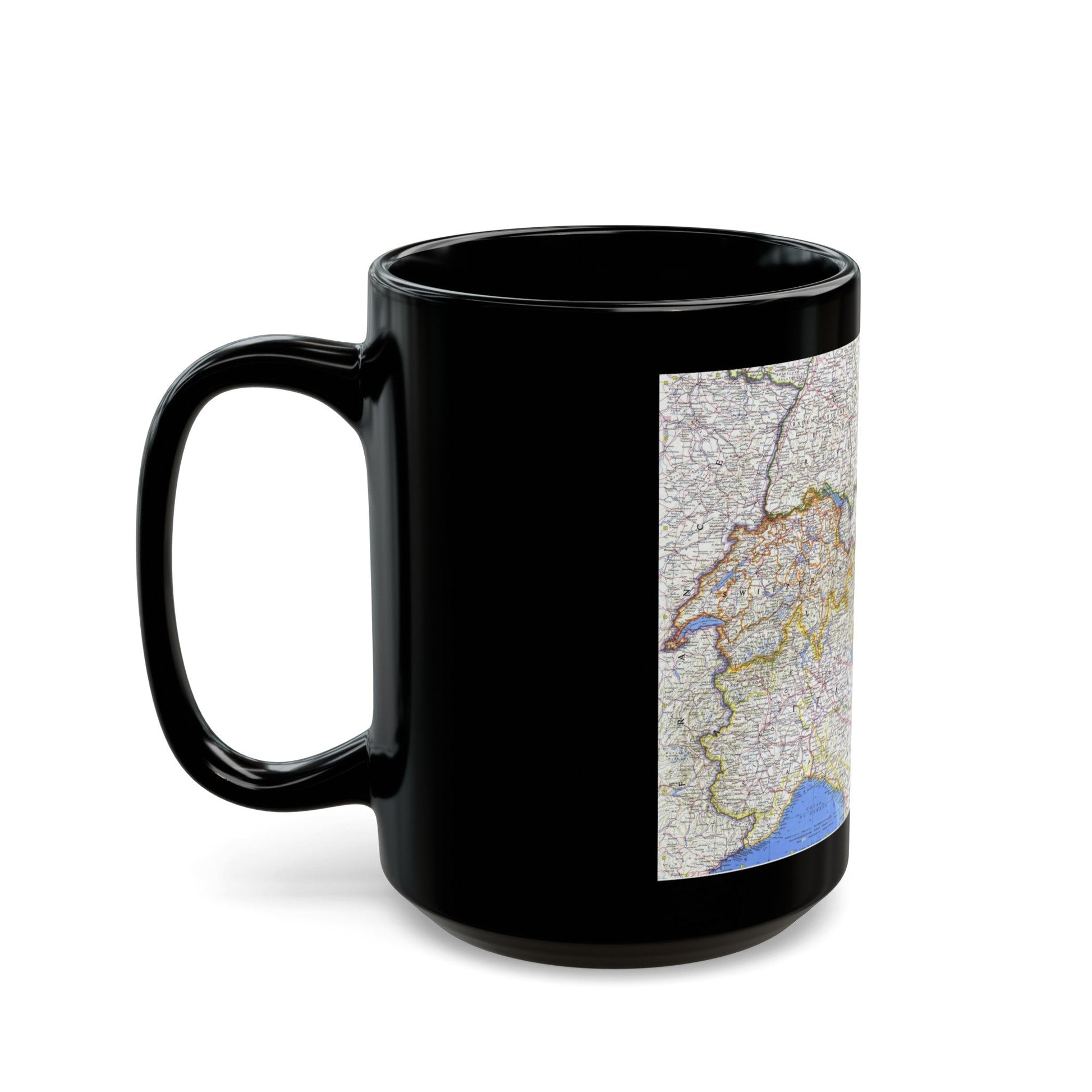 Switzerland, Austria, and Northern Italy (1965) (Map) Black Coffee Mug-The Sticker Space