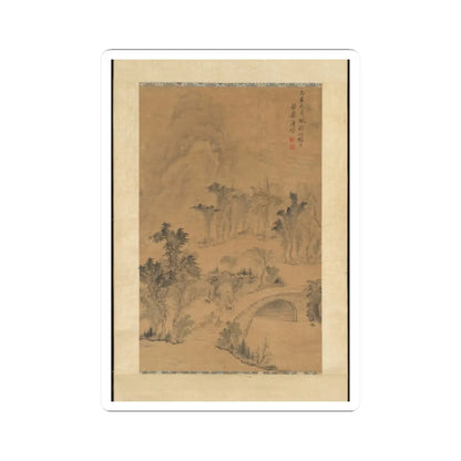 Ink wash hanging scroll of misty mountains, pine and willow trees and a stone arch bridge over water.