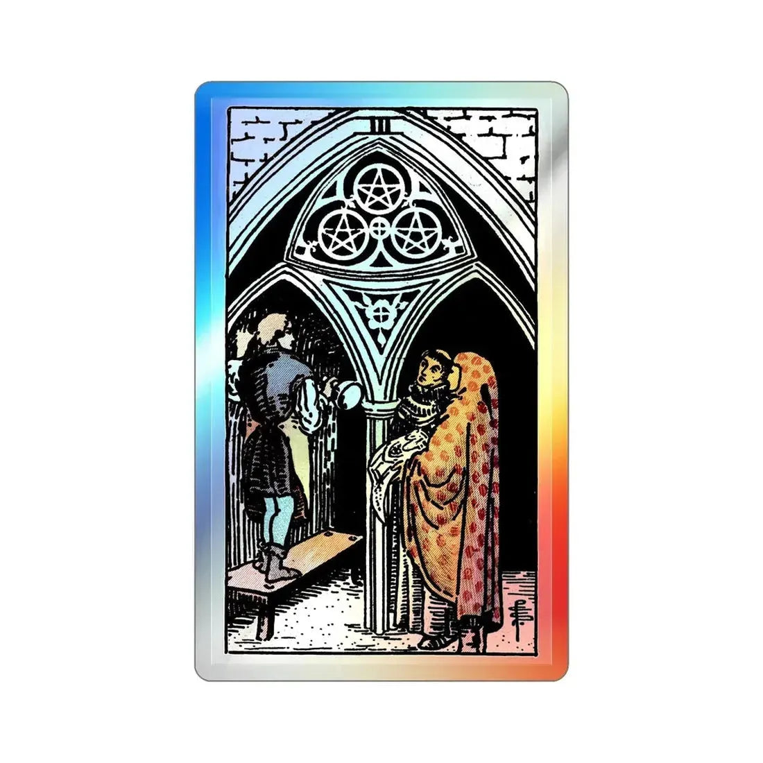 The 3 of Pentacles (Tarot Card) Holographic STICKER Die-Cut Vinyl Decal 4 Inch Holographic - The Sticker Space