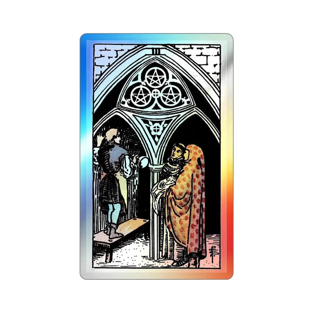 The 3 of Pentacles (Tarot Card) Holographic STICKER Die-Cut Vinyl Decal 5 Inch Holographic - The Sticker Space