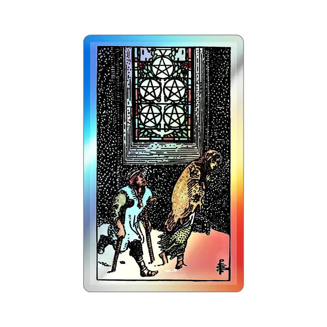 The 5 of Pentacles (Tarot Card) Holographic STICKER Die-Cut Vinyl Decal 4 Inch Holographic - The Sticker Space