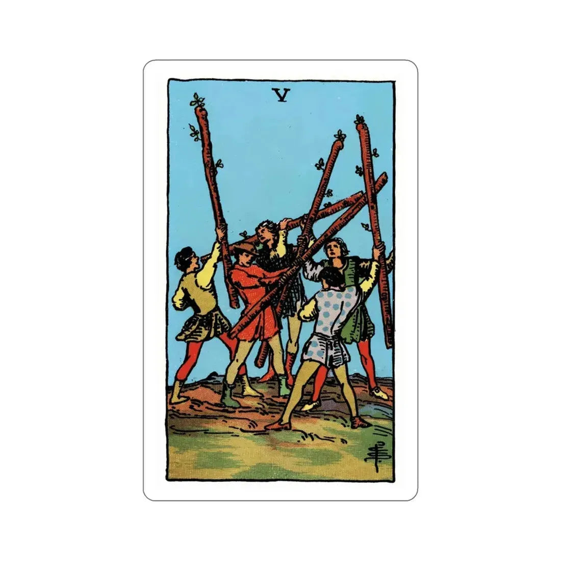 The 5 of Wands (Rider Waite Tarot Deck) STICKER Vinyl Die-Cut Decal 4 Inch - The Sticker Space