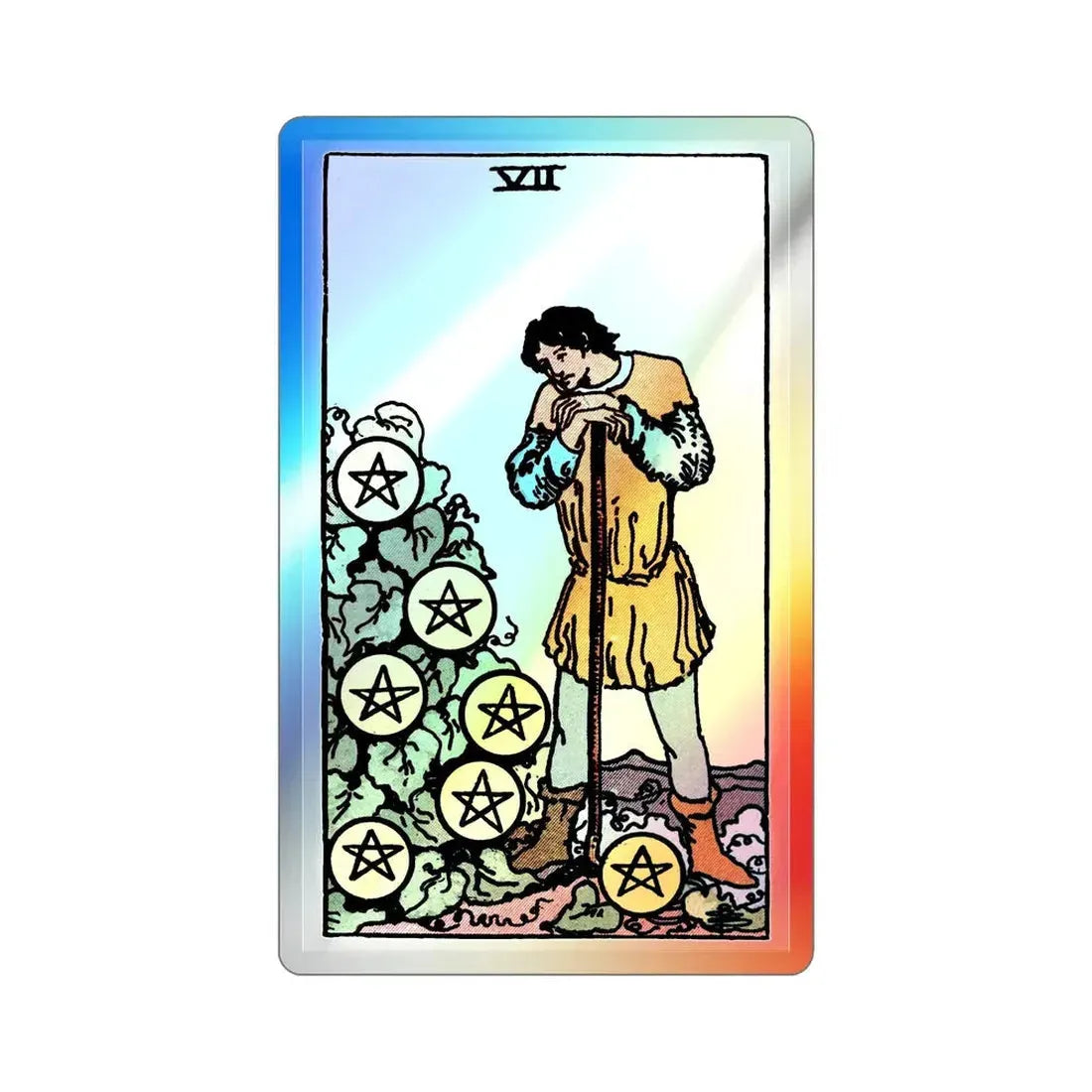The 7 of Pentacles (Tarot Card) Holographic STICKER Die-Cut Vinyl Decal 3 Inch Holographic - The Sticker Space