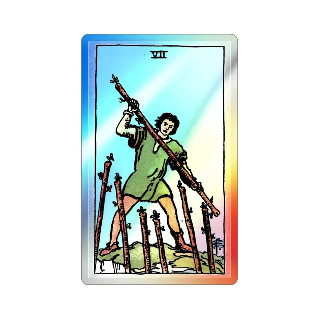 The 7 of Wands (Tarot Card) Holographic STICKER Die-Cut Vinyl Decal 2 Inch Holographic - The Sticker Space