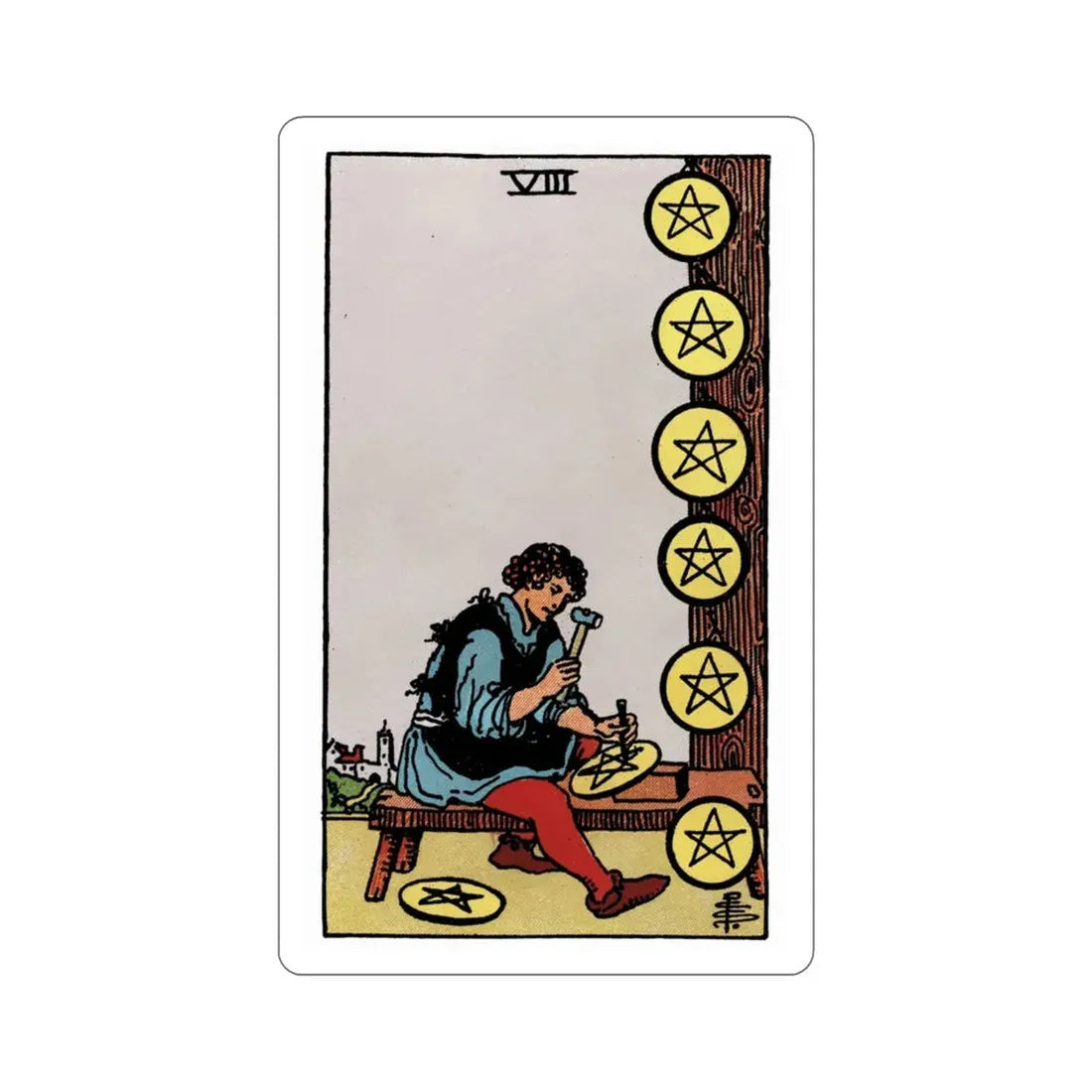 The 8 of Pentacles (Rider Waite Tarot Deck) STICKER Vinyl Die-Cut Decal 3 Inch - The Sticker Space