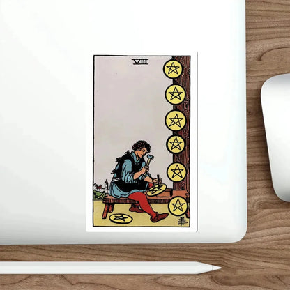 The 8 of Pentacles (Rider Waite Tarot Deck) STICKER Vinyl Die-Cut Decal - The Sticker Space