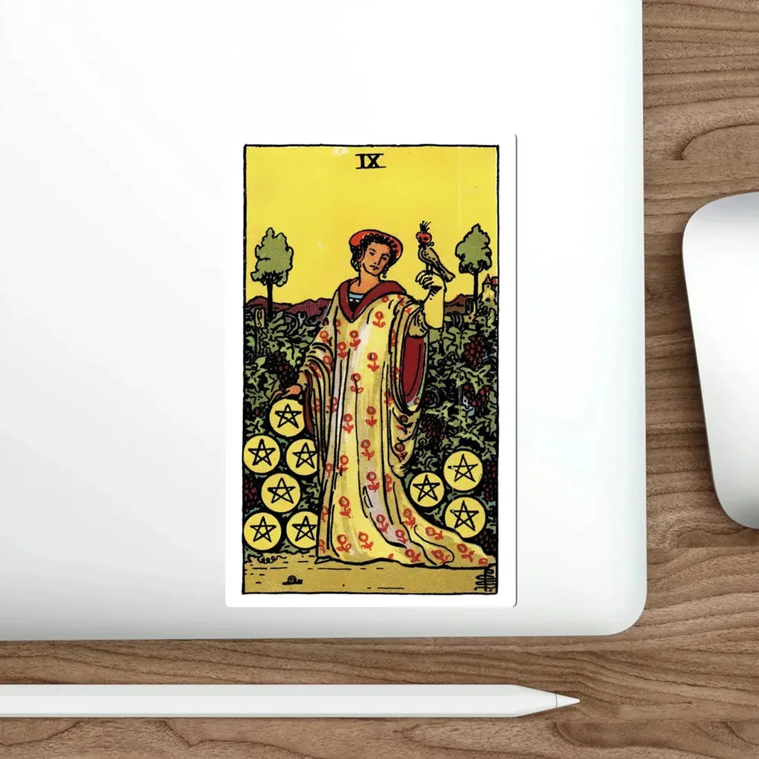 The 9 of Pentacles (Rider Waite Tarot Deck) STICKER Vinyl Die-Cut Decal - The Sticker Space