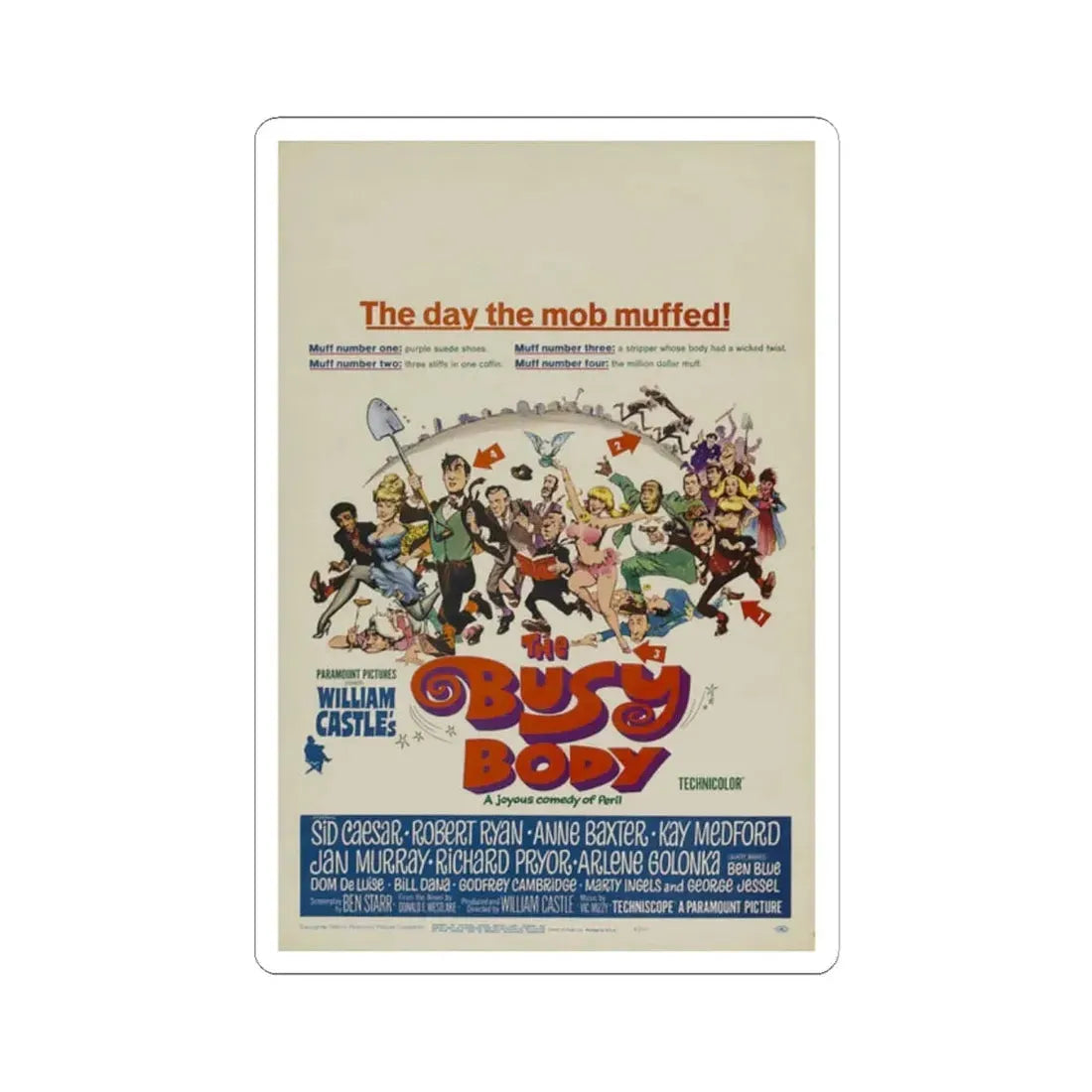 The Busy Body 1967 Movie Poster - STICKER Vinyl Kiss-Cut Decal 2 Inch White - The Sticker Space