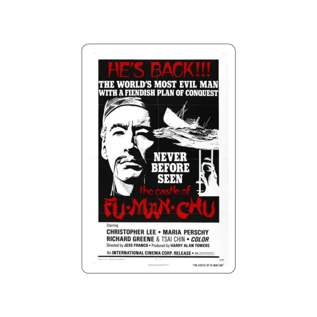 THE CASTLE OF FU MANCHU (2) 1969 Movie Poster STICKER Vinyl Die-Cut Decal 2 Inch - The Sticker Space