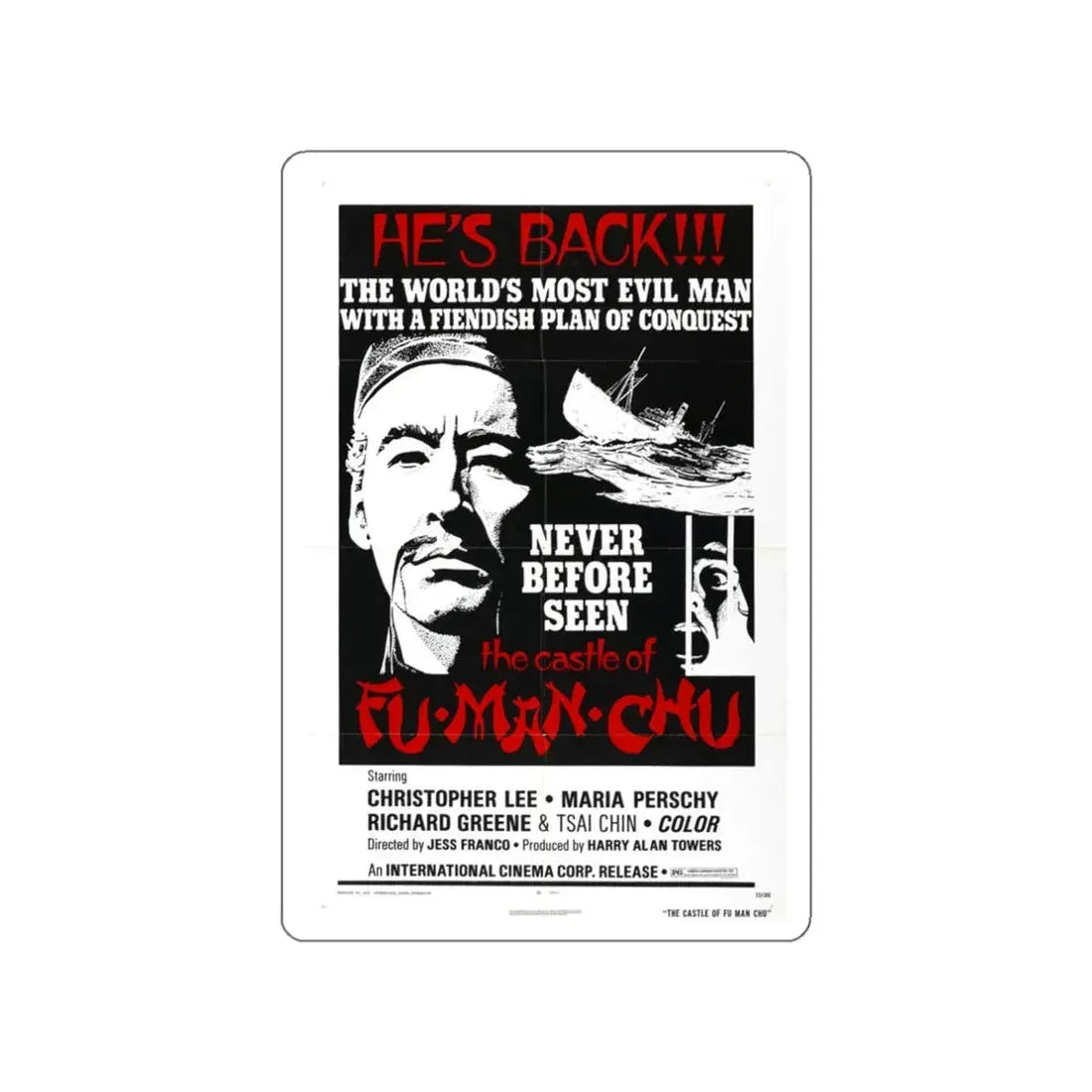 THE CASTLE OF FU MANCHU (2) 1969 Movie Poster STICKER Vinyl Die-Cut Decal 3 Inch - The Sticker Space