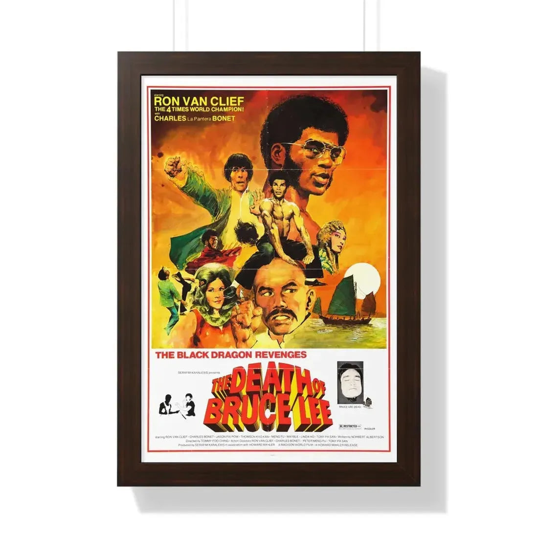 THE DEATH OF BRUCE LEE (THE BLACK DRAGON'S REVENGE) 1975 - Framed Movie Poster 16″ x 24″ Walnut - The Sticker Space