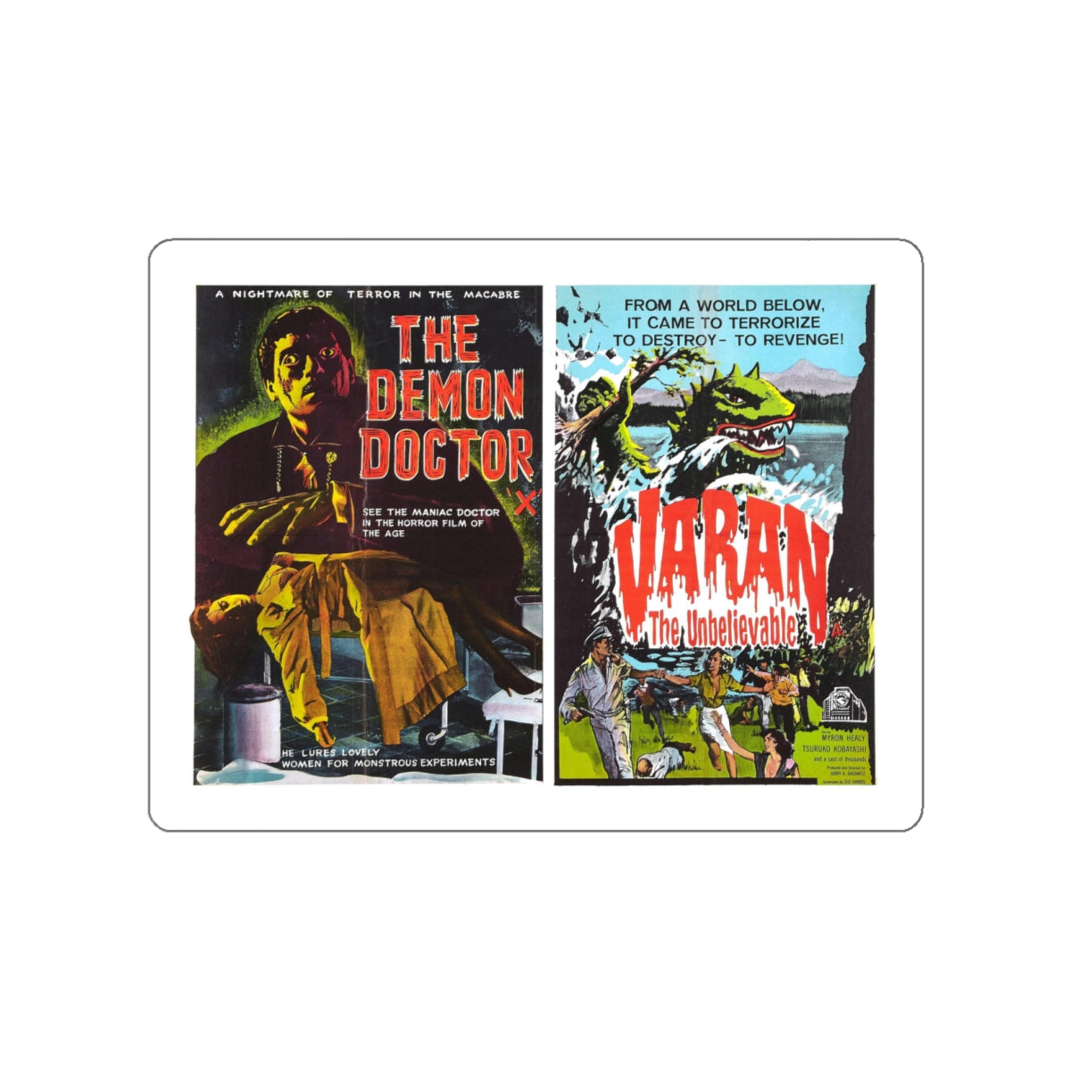 THE DEMON DOCTOR + VARAN THE UNBELIEVABLE 1962 Movie Poster STICKER Vinyl Die-Cut Decal-White-The Sticker Space