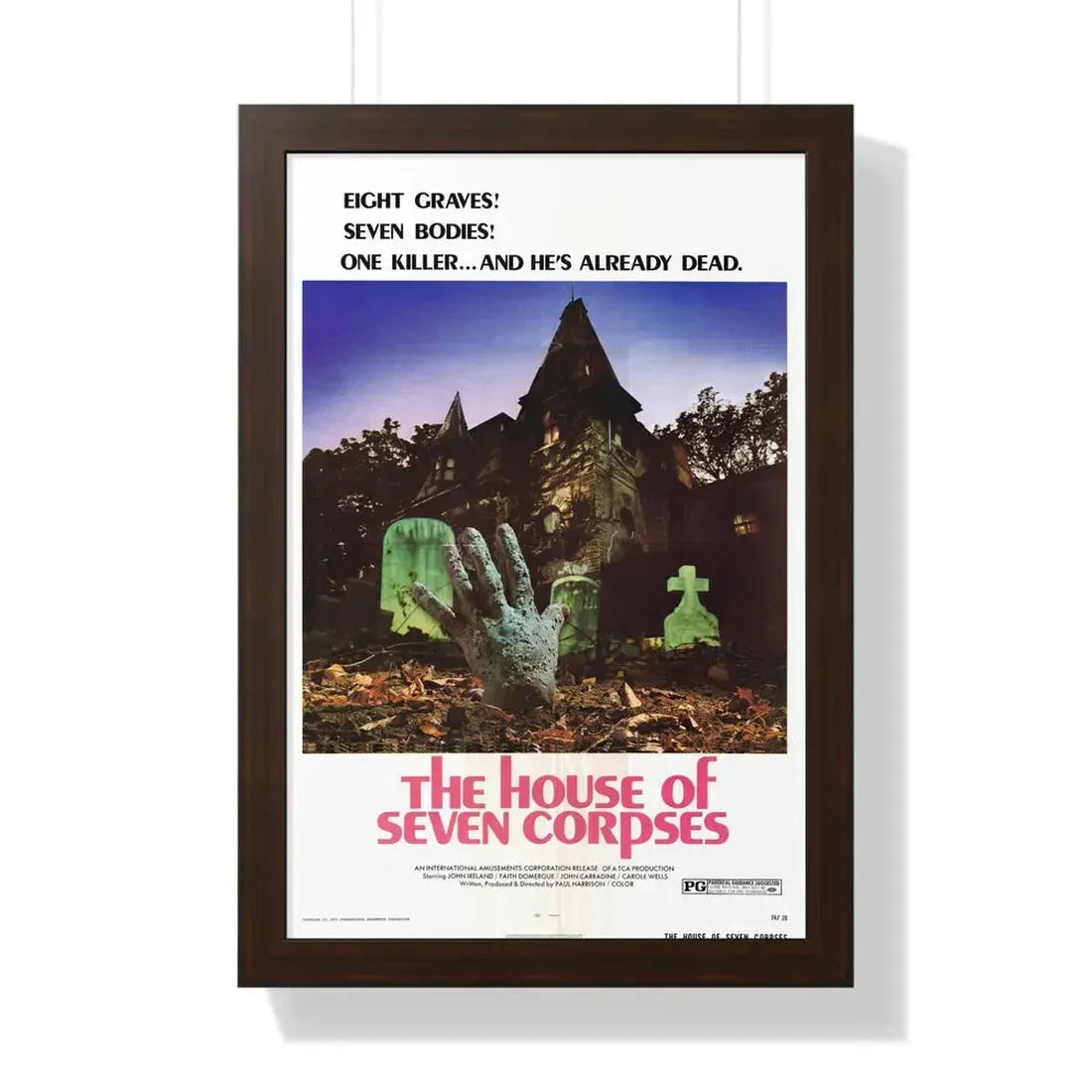 THE HOUSE OF SEVEN CORPSES 1974 - Framed Movie Poster 16″ x 24″ Walnut - The Sticker Space