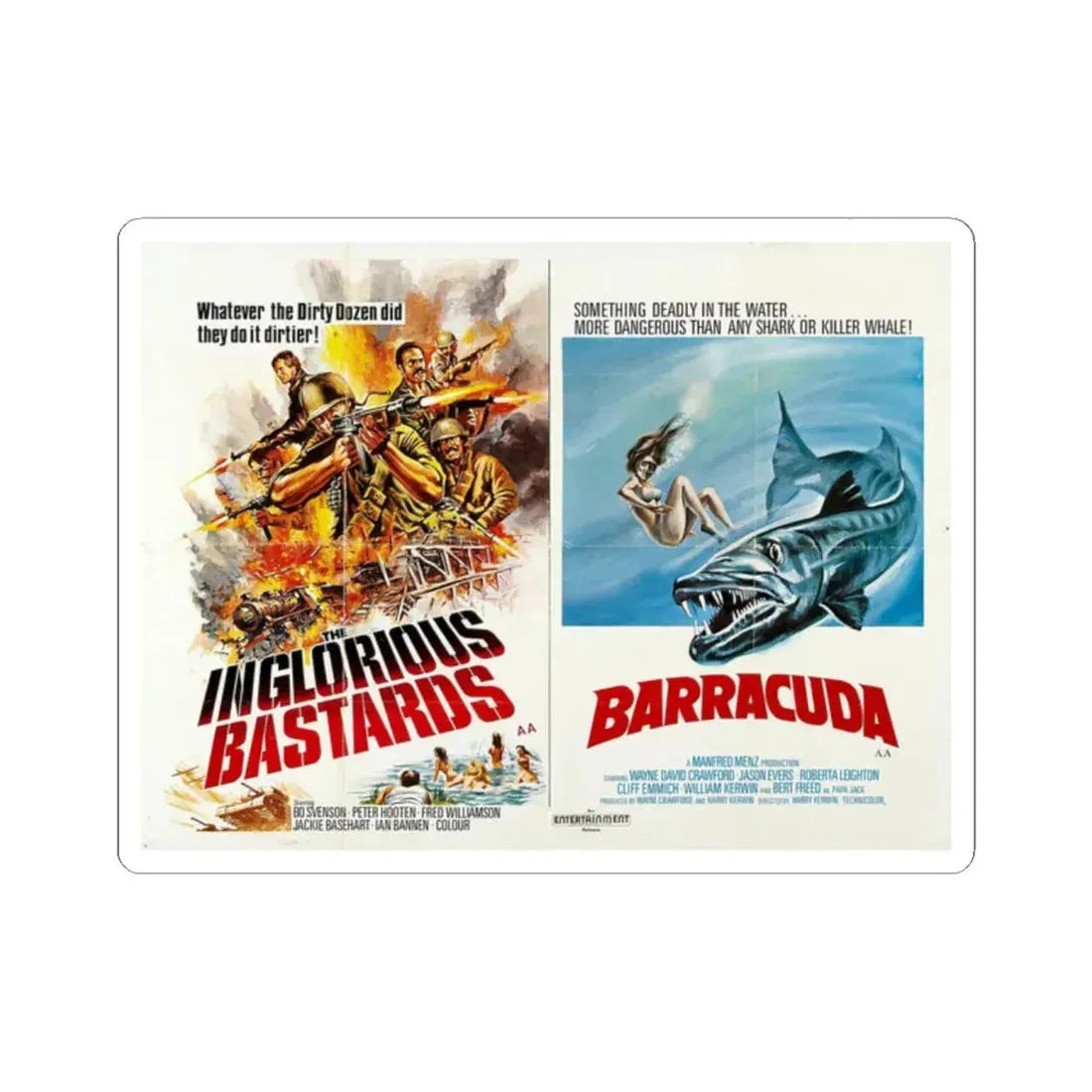 THE INGLORIOUS BASTARDS + BARRACUDA 1978 Movie Poster - STICKER Vinyl Kiss-Cut Decal 2 Inch White - The Sticker Space