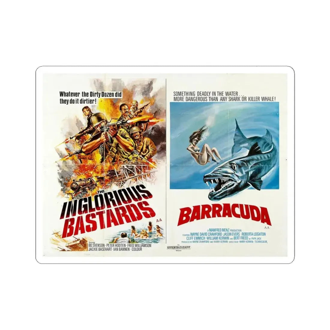 THE INGLORIOUS BASTARDS + BARRACUDA 1978 Movie Poster - STICKER Vinyl Kiss-Cut Decal 6 Inch White - The Sticker Space