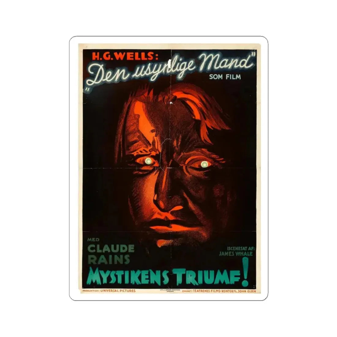 THE INVISIBLE MAN (DANISH) 1933 Movie Poster - STICKER Vinyl Kiss-Cut Decal 4 Inch White - The Sticker Space