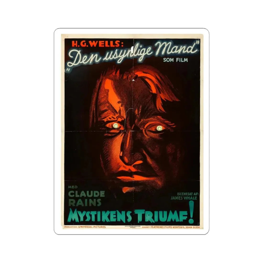 THE INVISIBLE MAN (DANISH) 1933 Movie Poster - STICKER Vinyl Kiss-Cut Decal 6 Inch White - The Sticker Space