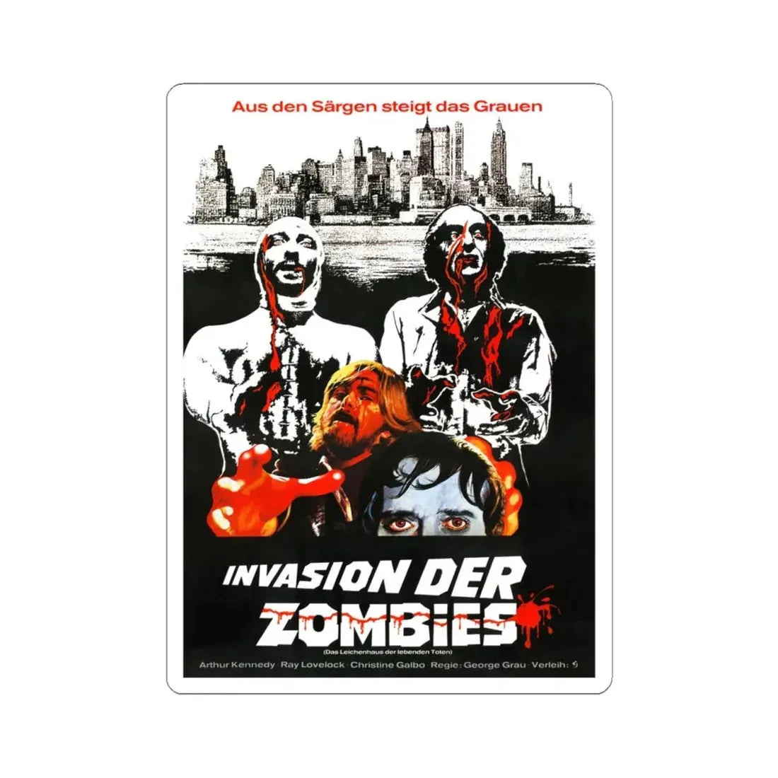 THE LIVING DEAD AT THE MANCHESTER MORGUE (GERMAN) 1974 Movie Poster - STICKER Vinyl Kiss-Cut Decal 4 Inch White - The Sticker Space