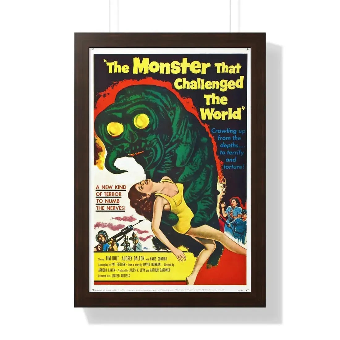 THE MONSTER THAT CHALLENGED THE WORLD 1957 - Framed Movie Poster 16″ x 24″ Walnut - The Sticker Space