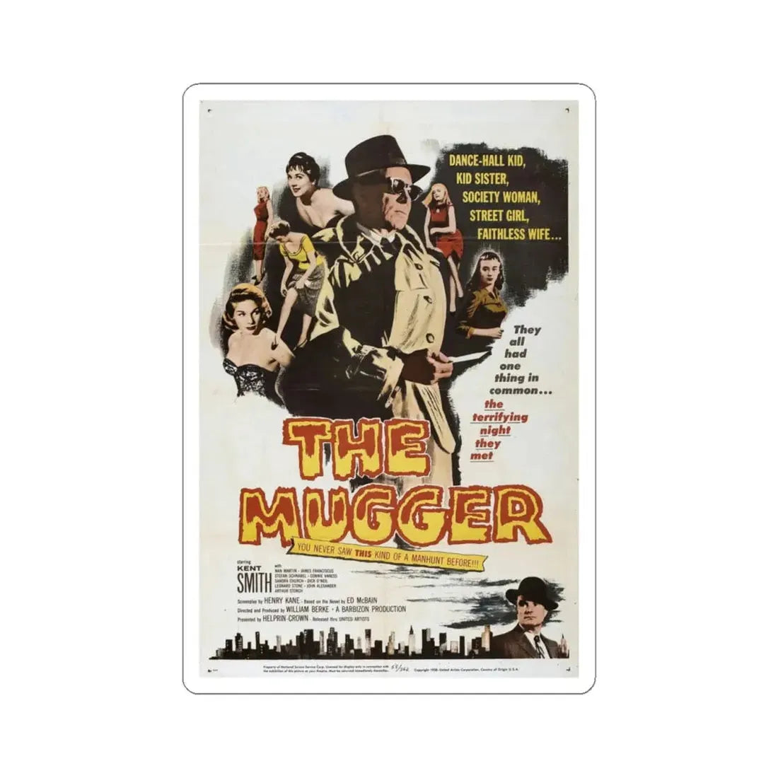 The Mugger 1958 Movie Poster - STICKER Vinyl Kiss-Cut Decal 4 Inch White - The Sticker Space