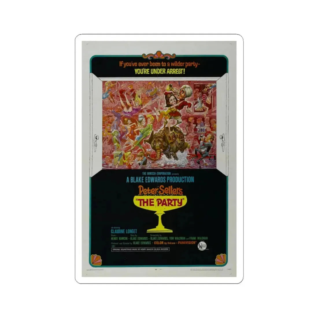 The Party 1968 Movie Poster - STICKER Vinyl Kiss-Cut Decal 3 Inch White - The Sticker Space