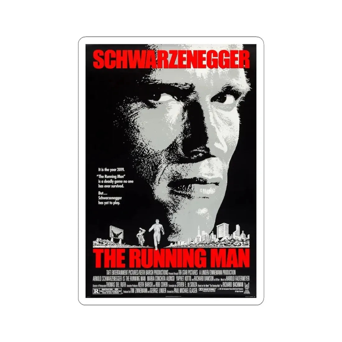 The Running Man 1987 Movie Poster - STICKER Vinyl Kiss-Cut Decal 4 Inch White - The Sticker Space