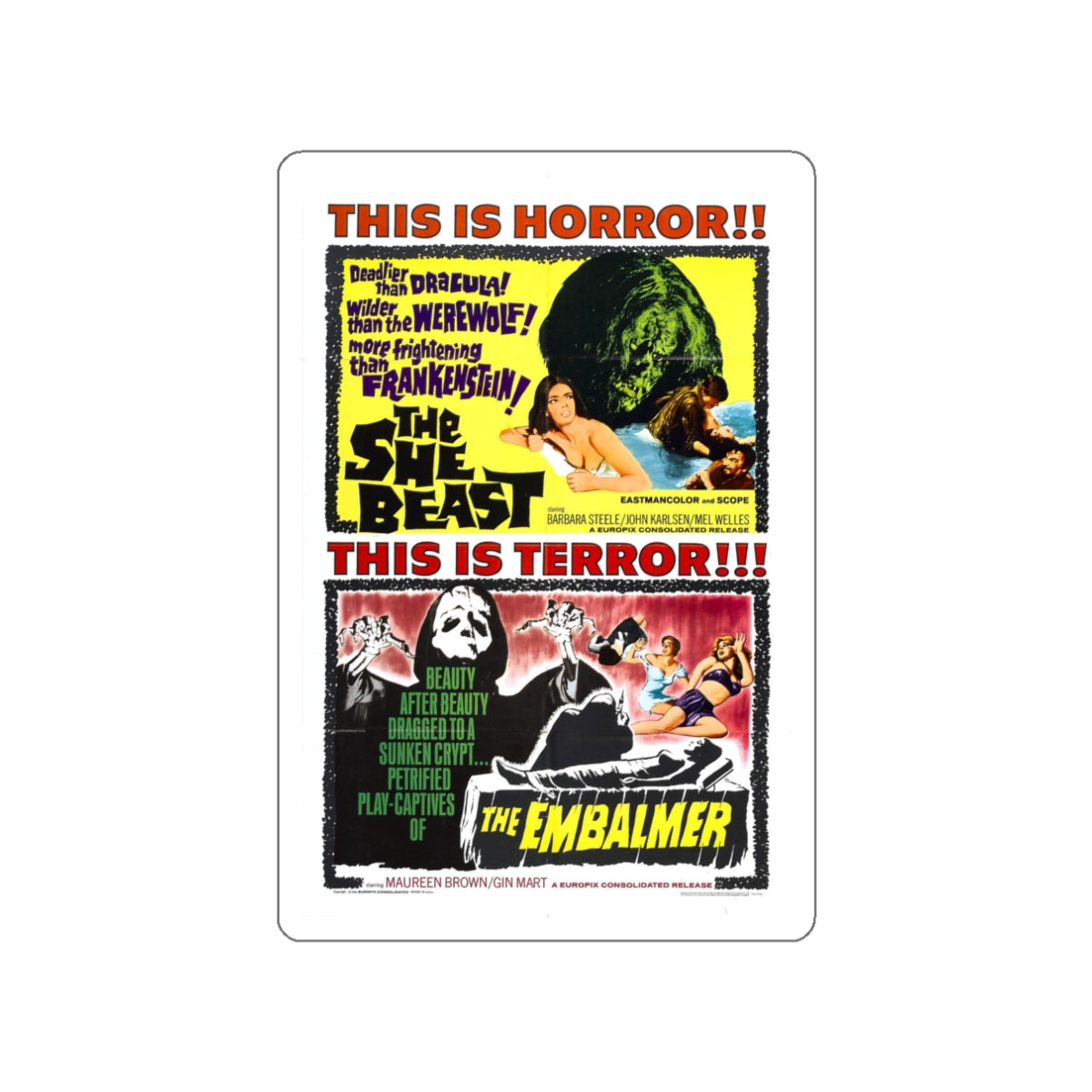 THE SHE BEAST + THE EMBALMER 1966 Movie Poster STICKER Vinyl Die-Cut Decal-White-The Sticker Space