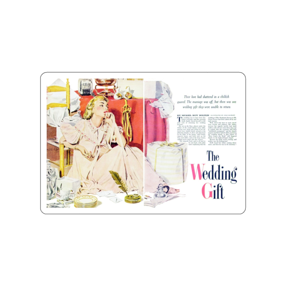 The Wedding Gift, Cosmopolitan, July 1955 (Magazine Illustration) STICKER Vinyl Die-Cut Decal-White-The Sticker Space