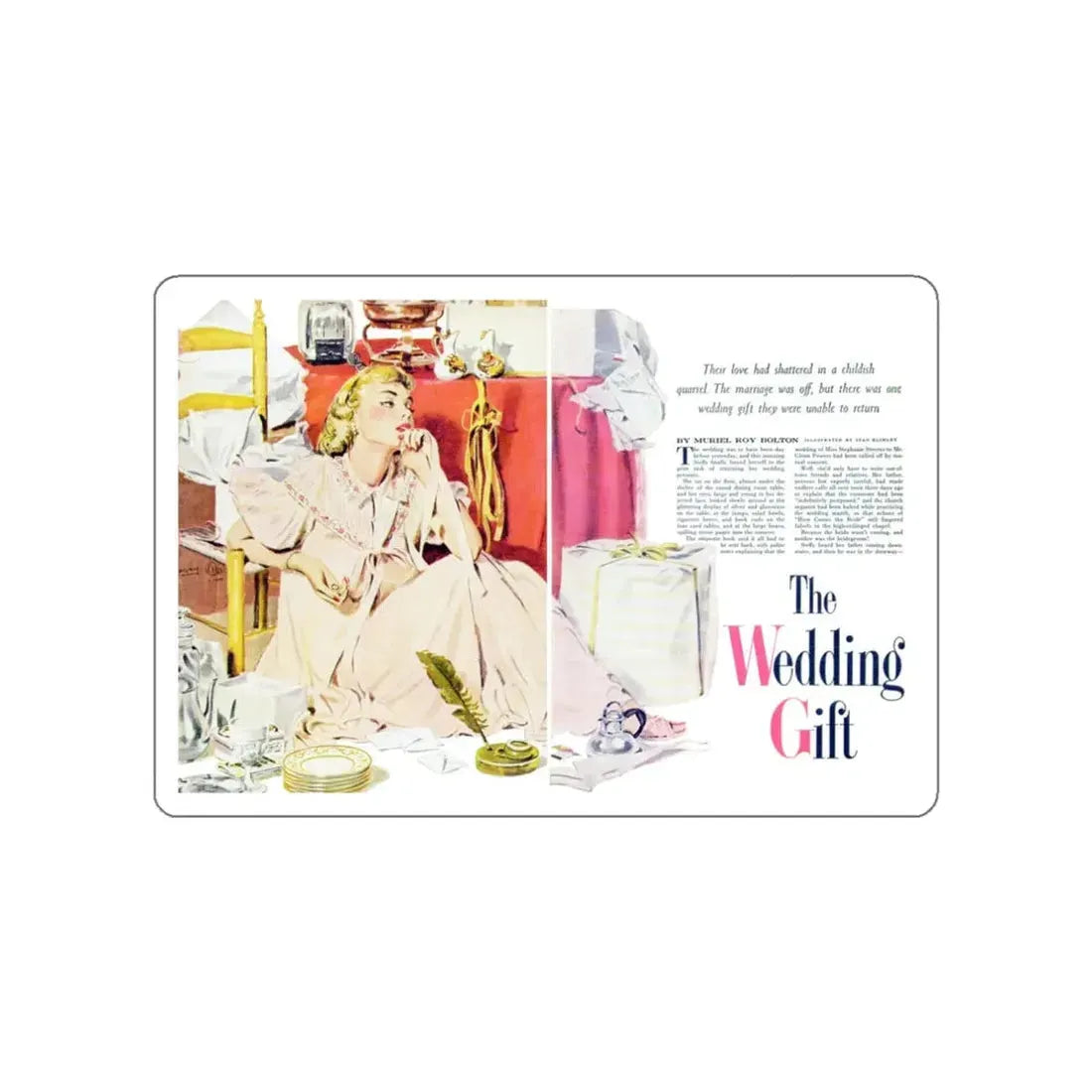 The Wedding Gift, Cosmopolitan, July 1955 (Magazine Illustration) STICKER Vinyl Die-Cut Decal White Die-Cut 3 Inch - The Sticker Space