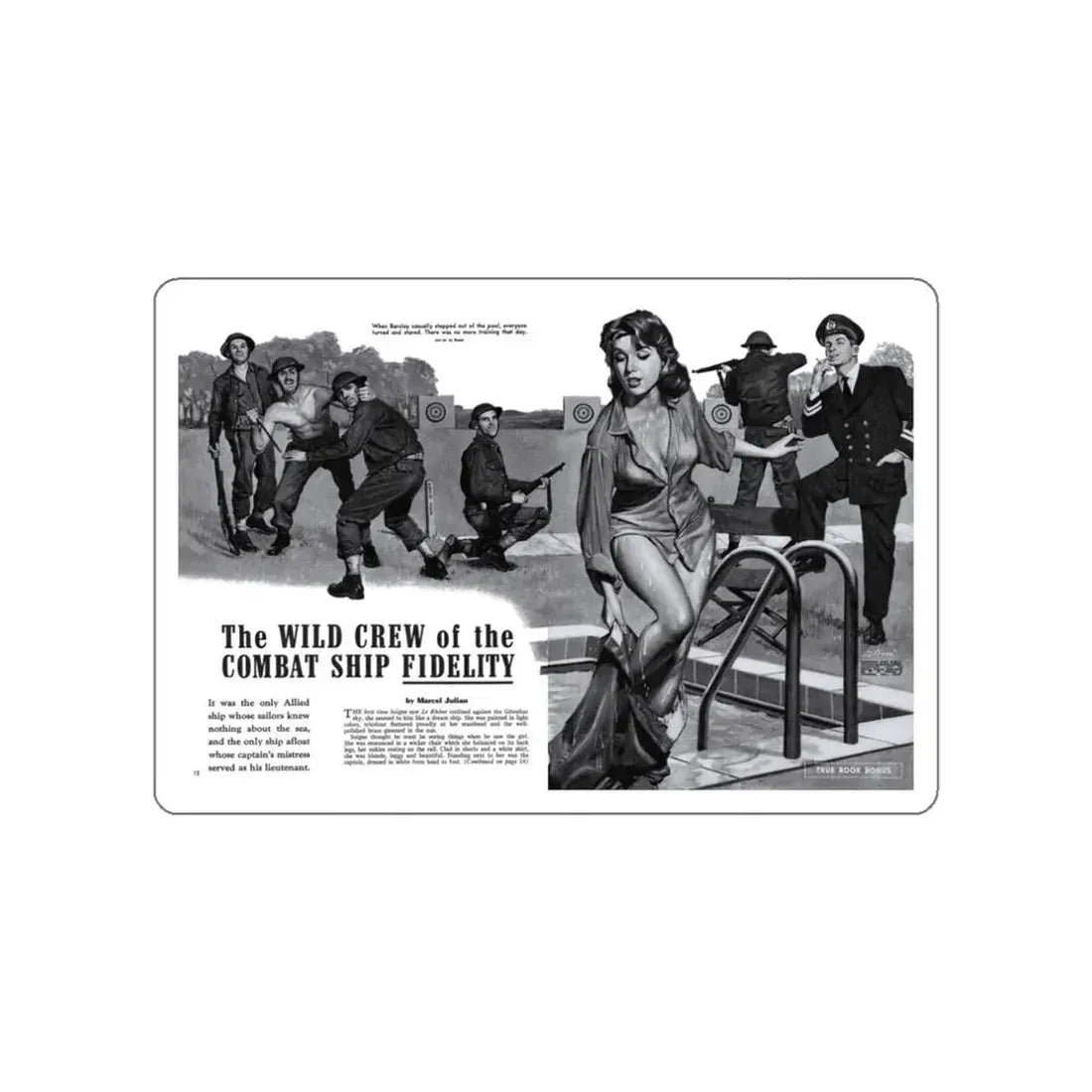 The Wild Crew of the Combat Ship Fidelity, Men magazine, August 1958 (Magazine Illustration) STICKER Vinyl Die-Cut Decal White Die-Cut 3 Inch - The Sticker Space