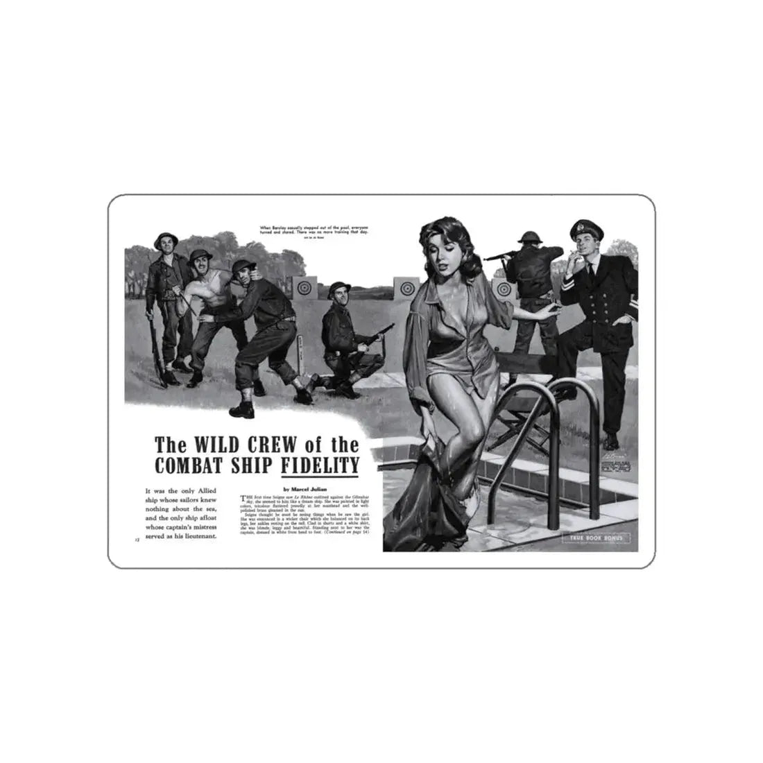 The Wild Crew of the Combat Ship Fidelity, Men magazine, August 1958 (Magazine Illustration) STICKER Vinyl Die-Cut Decal White Die-Cut 4 Inch - The Sticker Space