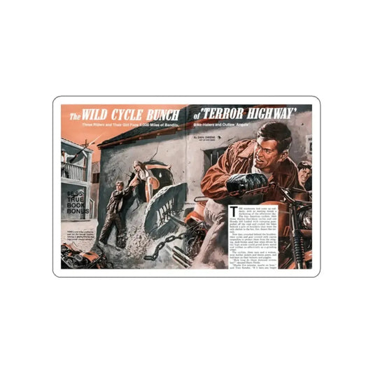 The Wild Cycle Bunch of Terror Highway, Male magazine, February 1973 (Magazine Illustration) STICKER Vinyl Die-Cut Decal White Die-Cut 2 Inch - The Sticker Space